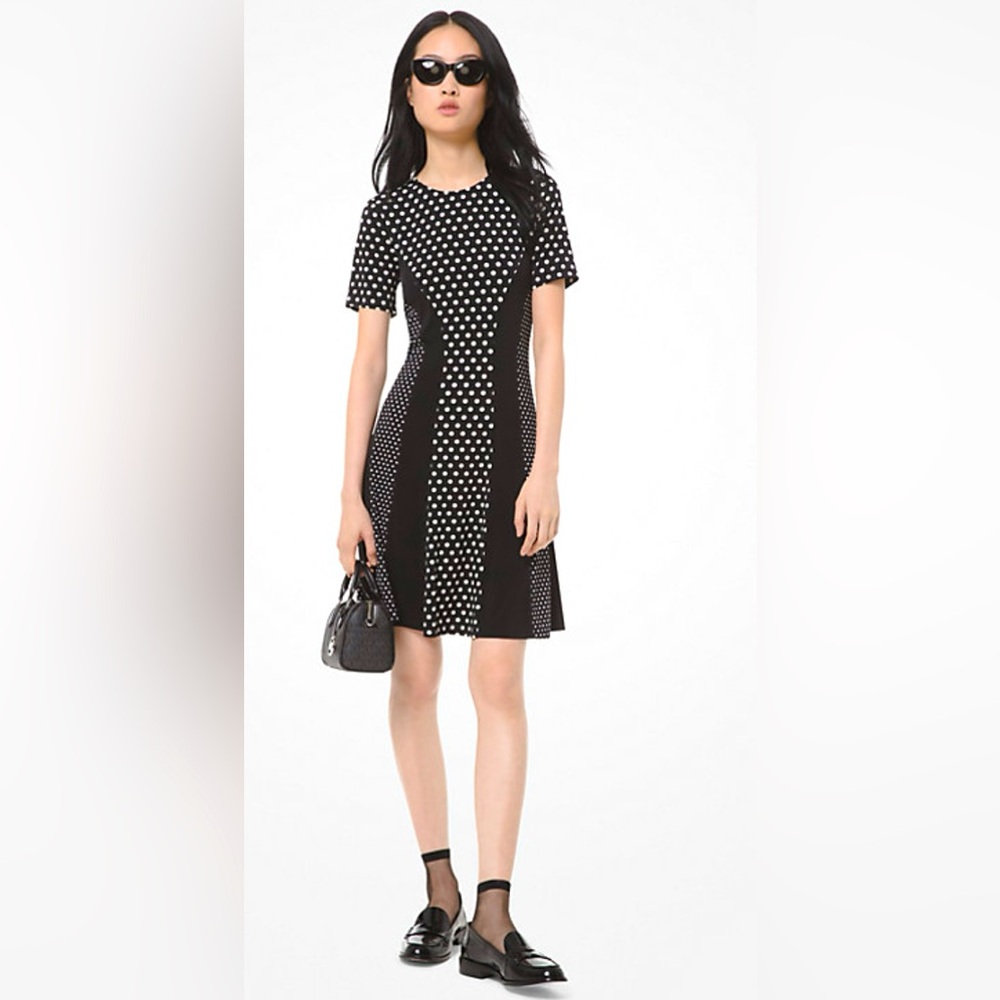 M. Michael Kors Short Sleeve Mod Dot Mixed Pattern Gored A-line Jersey Dress.